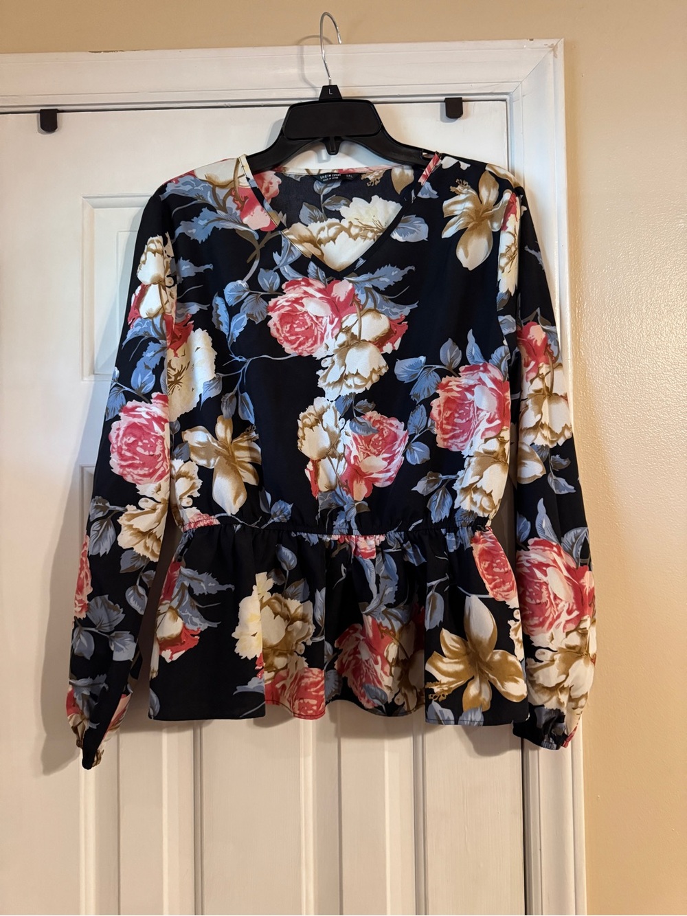 Black Floral V-Neck Peplum Blouse with Pink & Cream Blooms